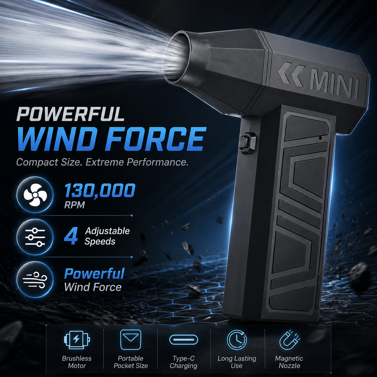 130000 RPM Turbo Jet Fan Handheld Air Blower Mini Electric Tool with LED Power Display for Car PC Pet Hair Barbecue